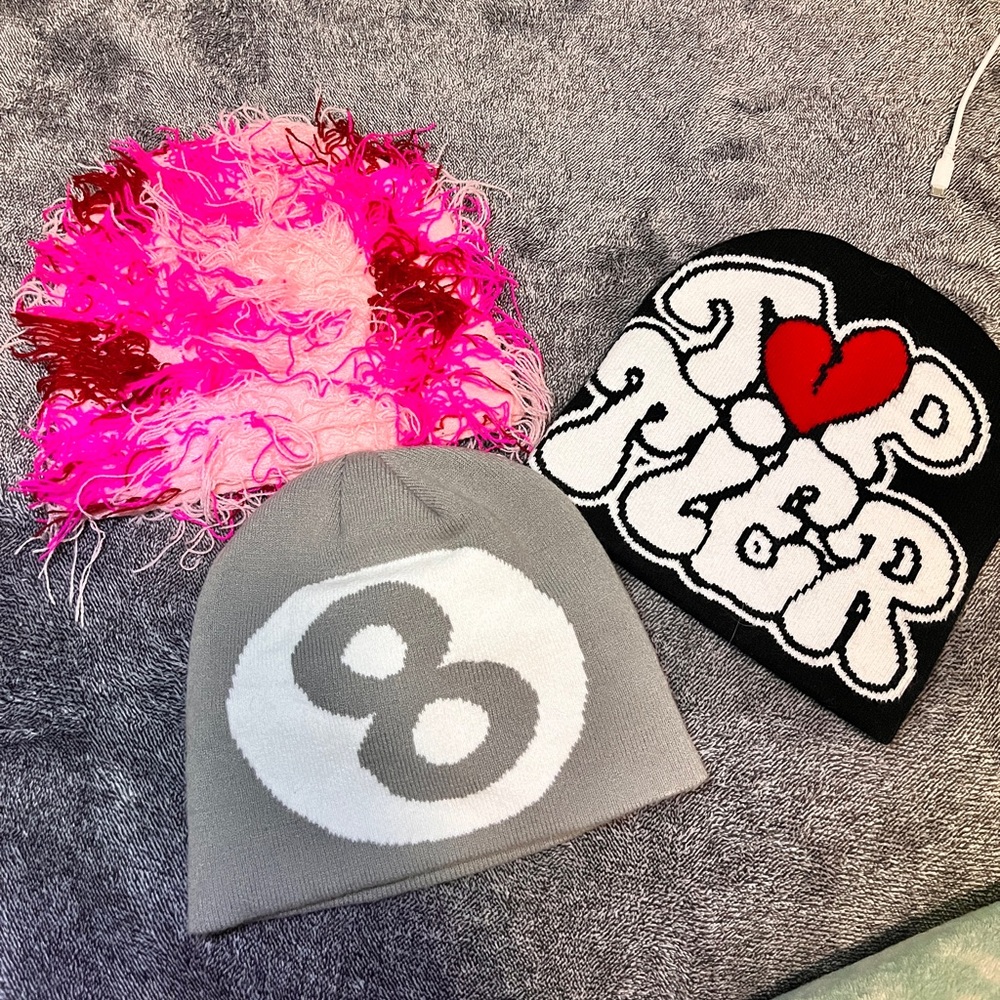 bundle of 3 pack beanies: grey 8 ball, pink fuzzy, graphic ‘top tier’